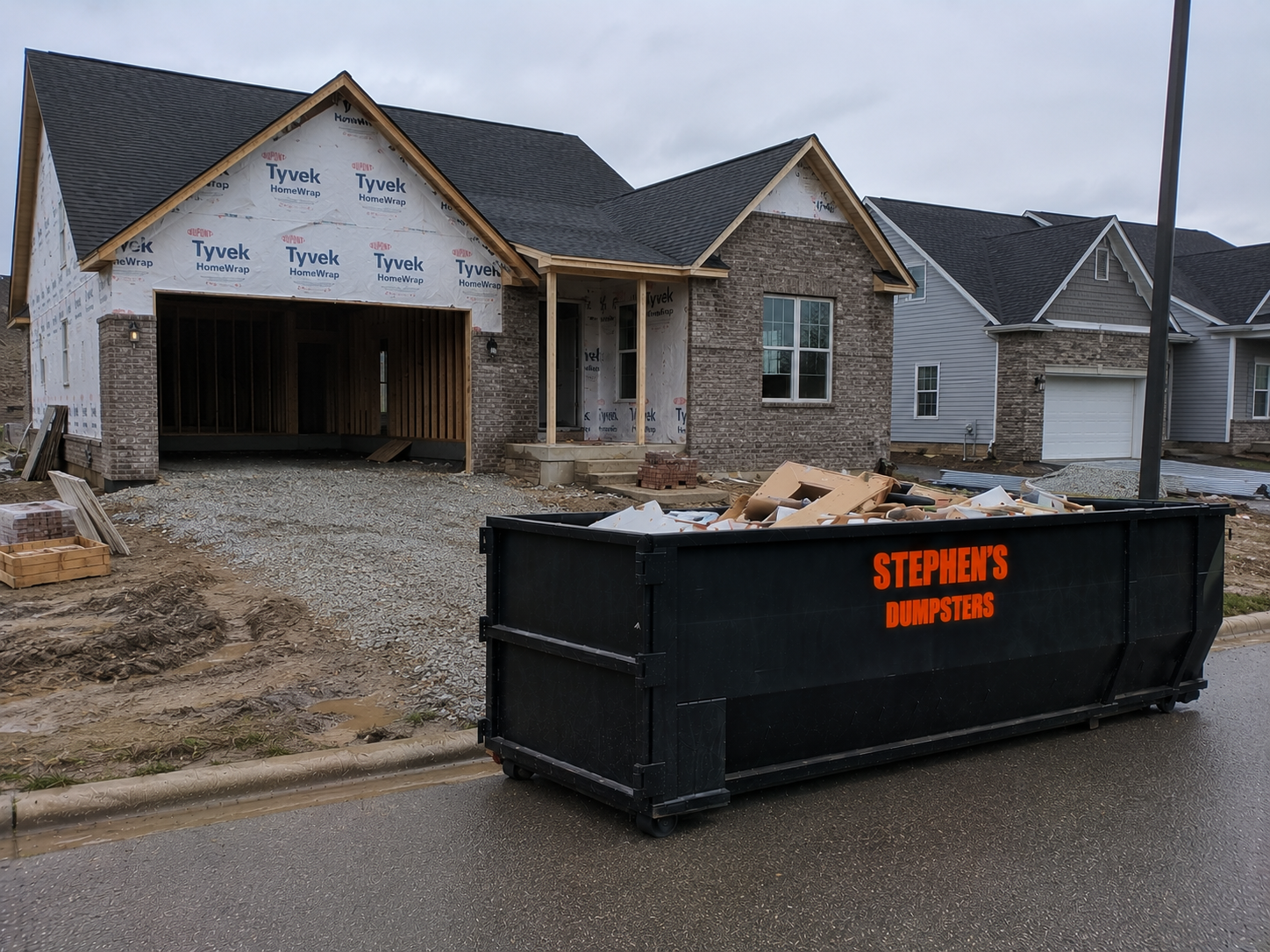 Construction debris roll-off dumpster on a jobsite in the Texas Panhandle